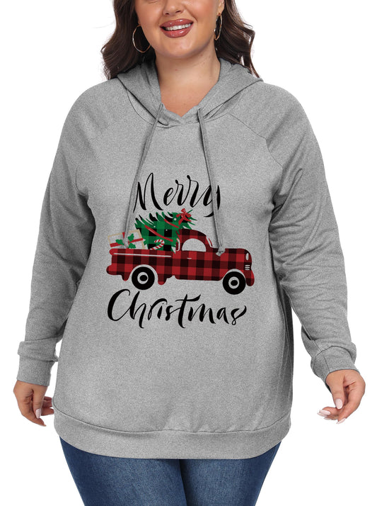 ForHailey Plus Size Christmas Hoodies for Women Merry Christmas Tree Car Hooded SweatShirt Christmas Outfits Pullover Shirt Christmas Outfits Light Grey 3X-Large