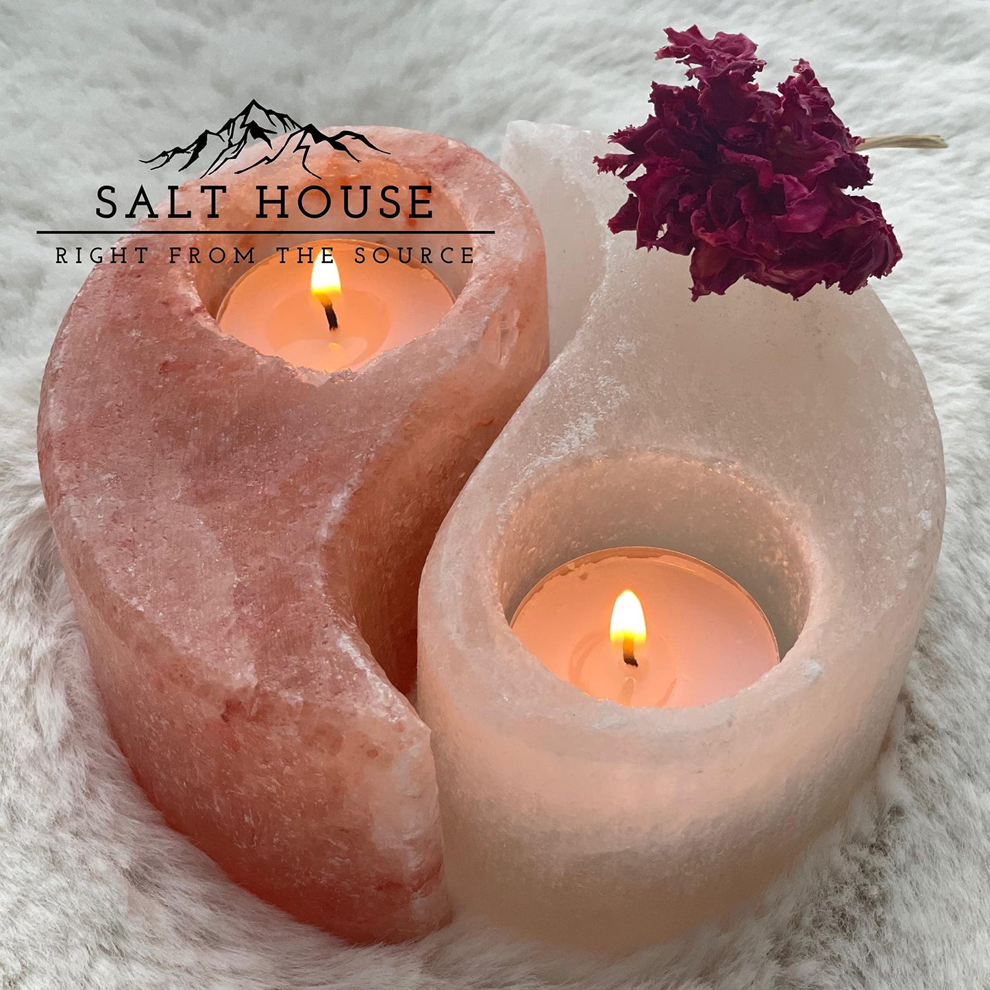 Himalayan Salt Yin-Yang Tealight Candle Holder, Pink & White, Aesthetic & Trendy Home Decor, Unique Gift Ideas