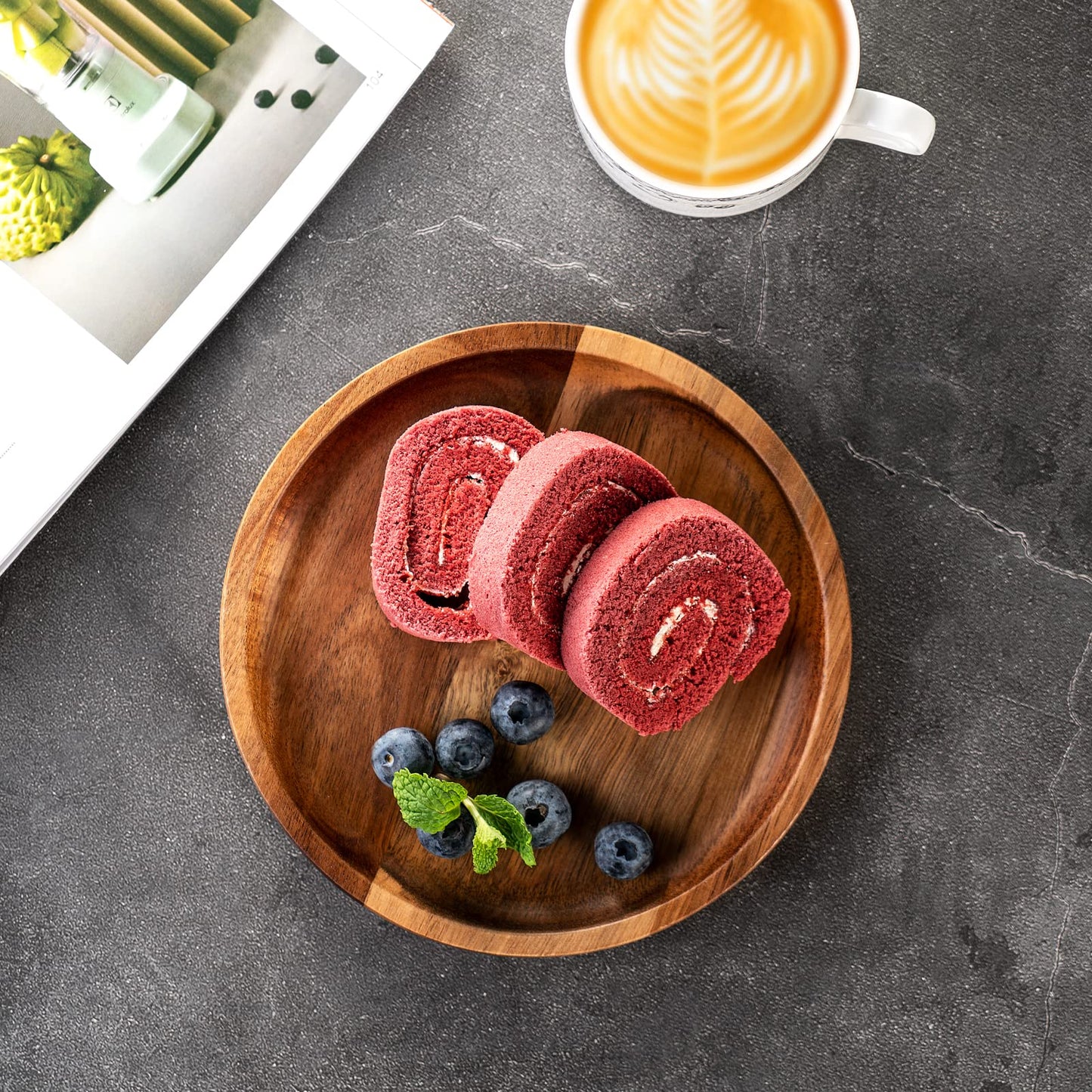 Acacia Wood Round Dinner Plates 6 Inch - Serving Tray & Platters for Home Decor, Food, Vegetables, Fruit, Charcuterie, Appetizer (Set of 4 Wooden Charger)
