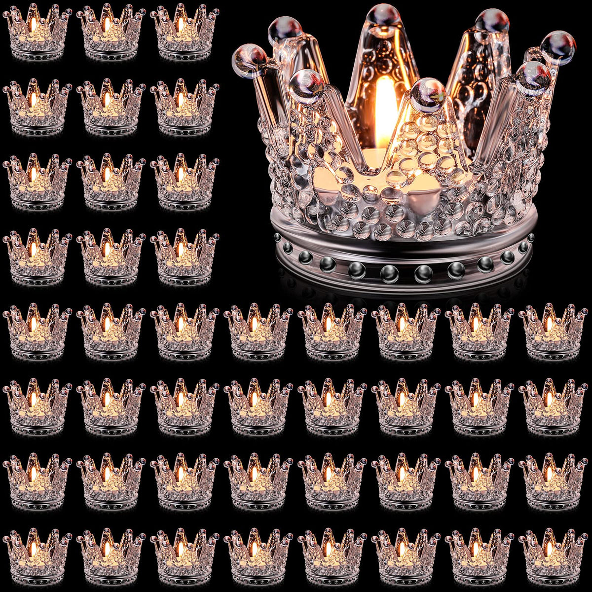 EBOOT 48 Pcs Crown Tealight Candle Holders Glass Clear Votive Holders Tealight Crystal Votive Candle Stand for Wedding Valentines Day Table Centerpieces Home Decor(Clear)