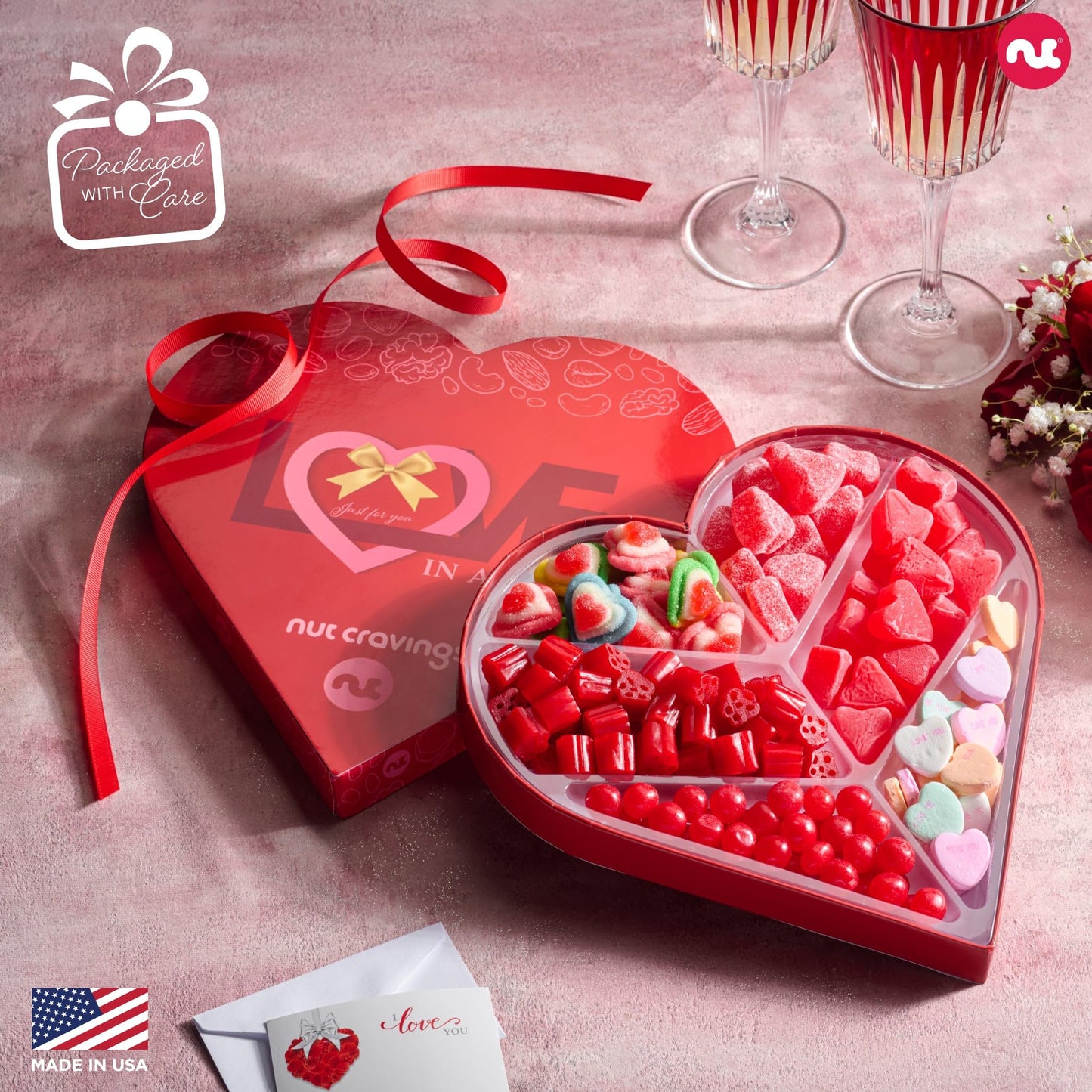 NUT CRAVINGS - Valentines Day Mixed Candy Heart Shaped Gift Basket, Love in A Box (6 Assortments) Romantic Food Arrangement, Healthy Snack Care Package, Food Assortments