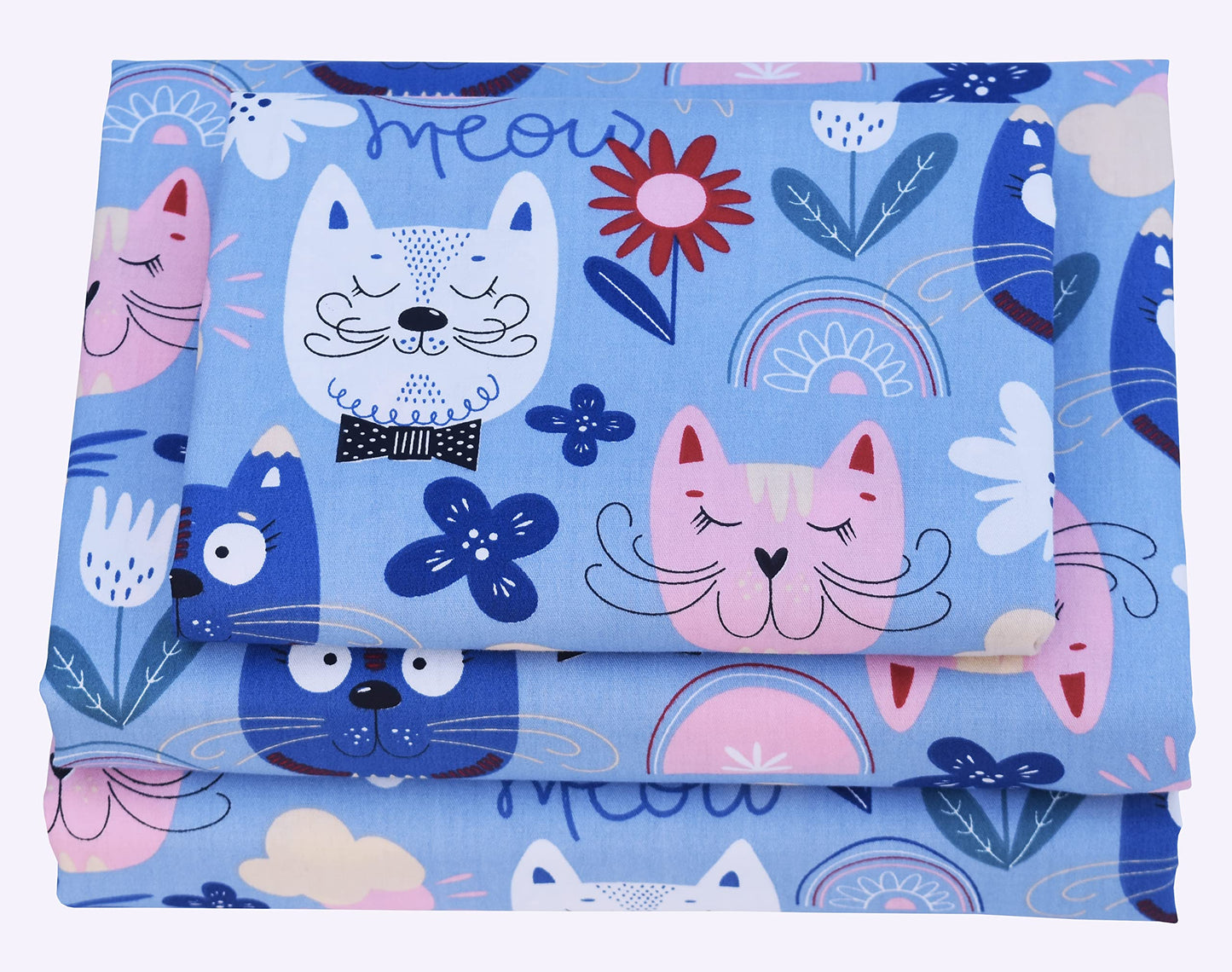 J-pinno Kids Painting Cat Kitty Flower Birds Blue Adorable 100% Cotton Twin 3 Pieces Sheet Set Bedroom Decoration Gift Flat Sheet + Fitted Sheet + Pillowcase Bedding Set for Unisex Boys Girls