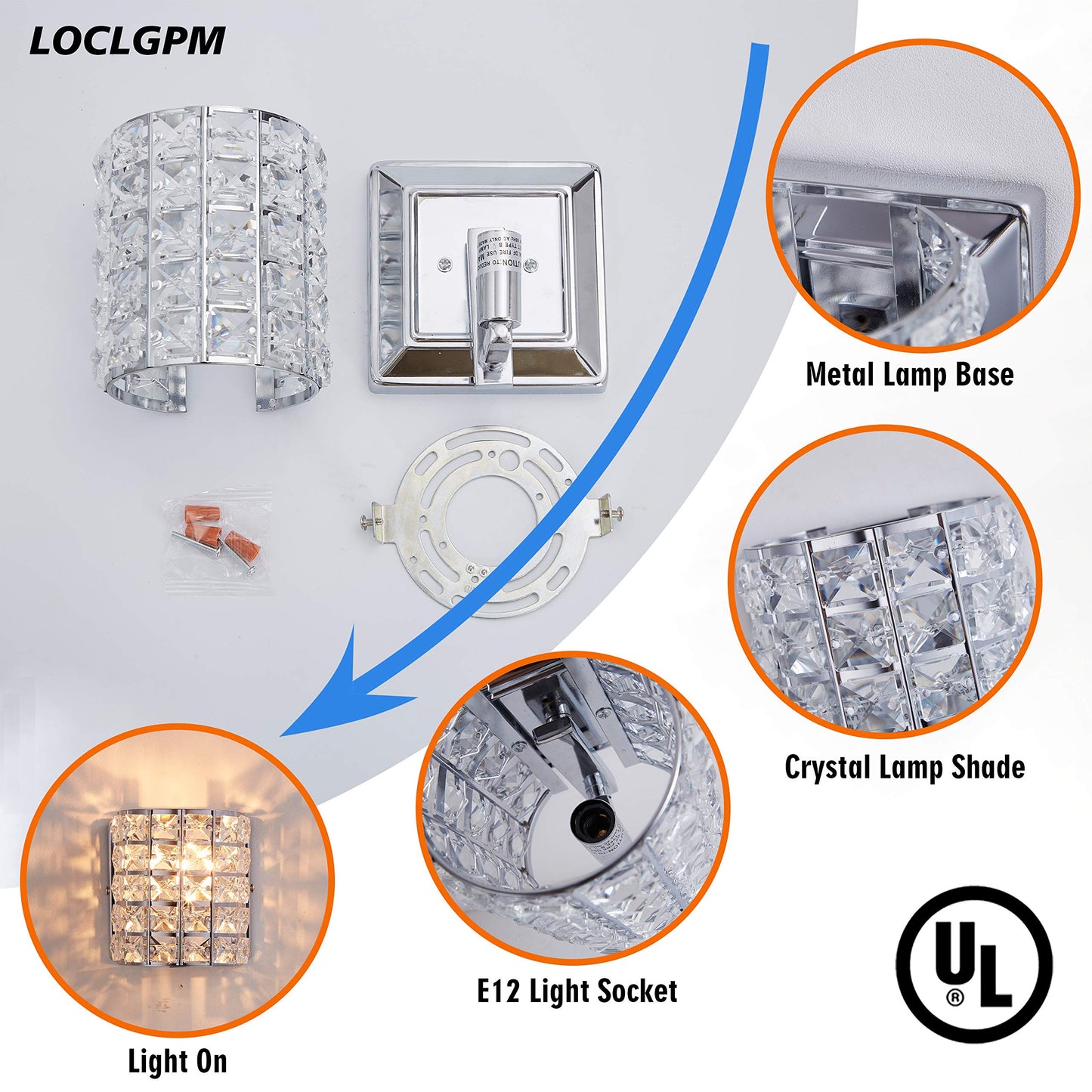LOCLGPM Modern Chrome Crystal Wall Sconces, Elegant Bathroom Vanity Wall Light Fixtures for Living Room Bedroom Bathroom Hallway Entryway Staircase