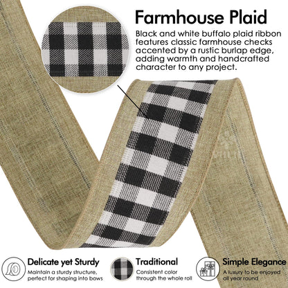 MEEDEE Buffalo Plaid Ribbon with Burlap Wired Edges 2.5 Inch Wide 10 Yards Black and White Ribbon for DIY Bows, Christmas Tree, Gift Wrapping, Wreaths