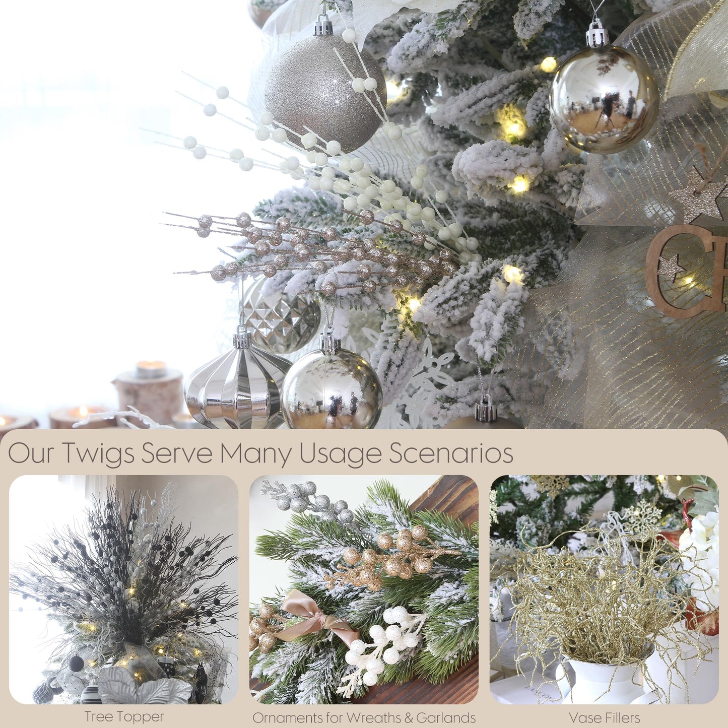 Sea Team 24-Pack Artificial Glitter Berry Stem Ornaments, Decorative Bead Sticks, Glittery Twigs, Picks, Branches for Christmas Tree, Small Vase, Holiday, Wedding, Party (17 Inches, Champagne)