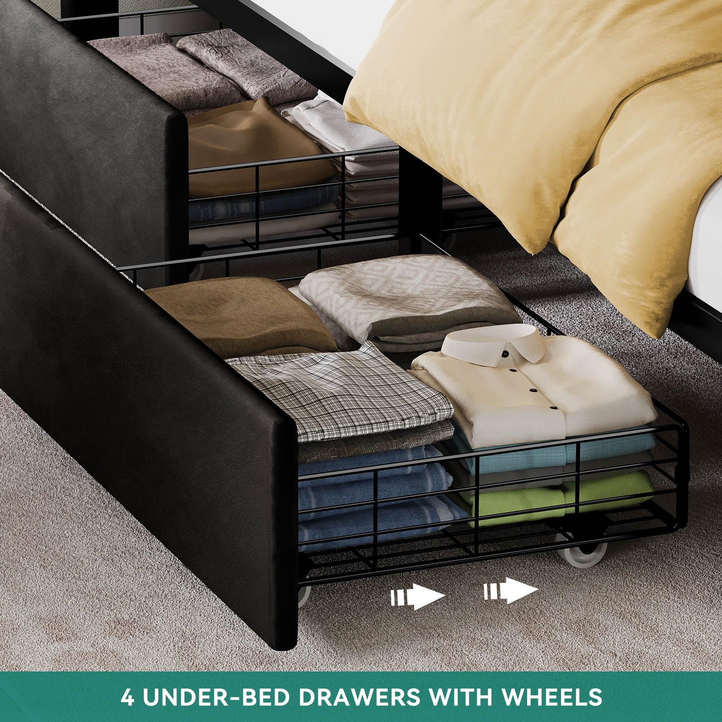 YITAHOME King Size Bed Frame with 4 Drawers and RGB LED Lights, Velvet Upholstered Platform Bed with Charging Station and Storage Headboard, No Box Spring Needed, Easy Assembly, Noise-Free, Black