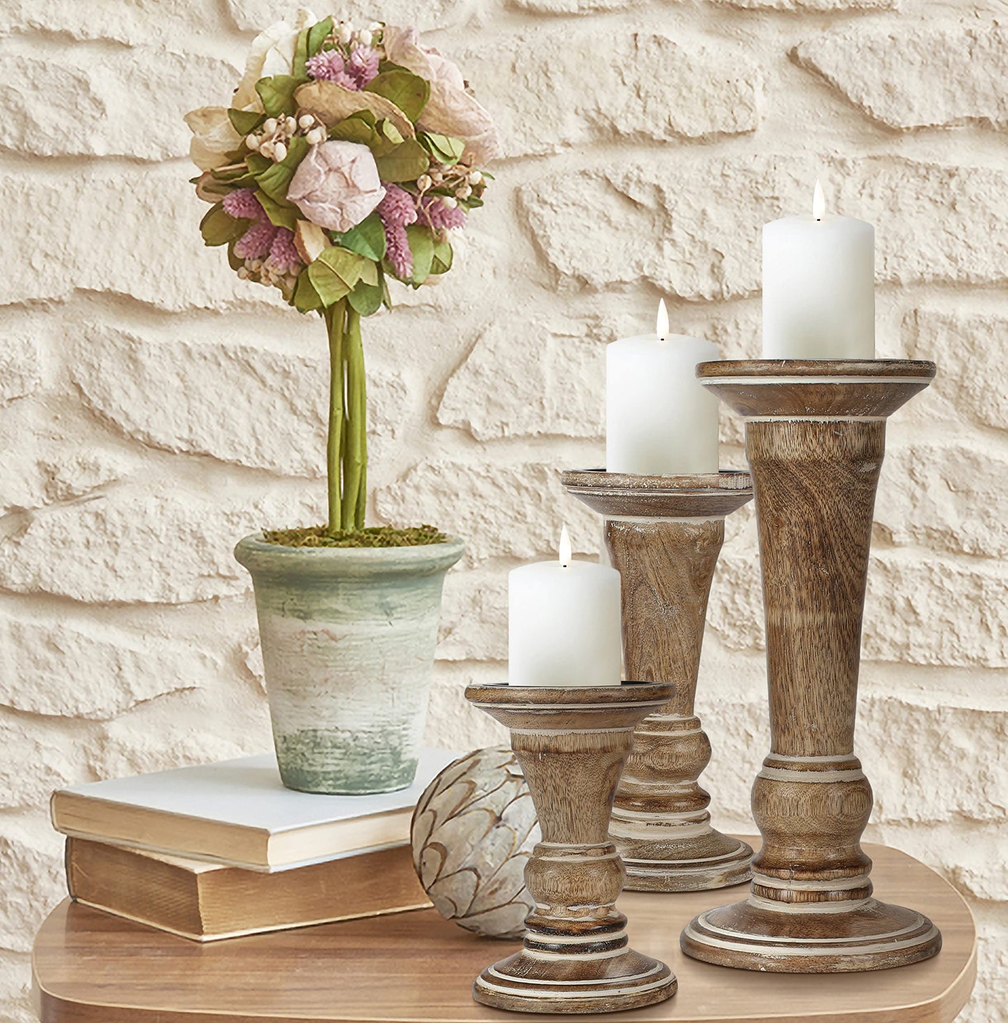 Hand Crafted Decorative Wooden Pillar Candle Holder Stand Siren Shape, Rounded Turned Colums, Country Style Ideal for Gift, Wedding, Christmas, Party, Home, Spa - 10,8,6 Inch Set of 3 - White Wash