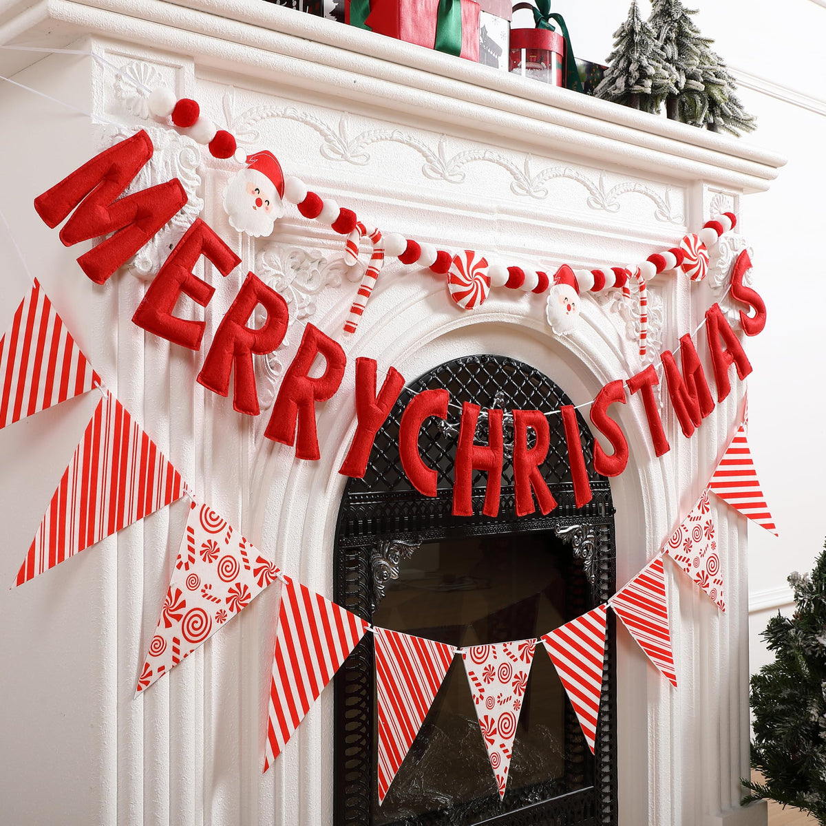 VitalCozy 3 pcs Pre Strung Merry Christmas Banner Felt Merry Christmas Garland Felt Pennant Flag Xmas Sign Outdoor Indoor Decoration for Holiday Party Supplies Home Porch(Red, White, Candy Cane)