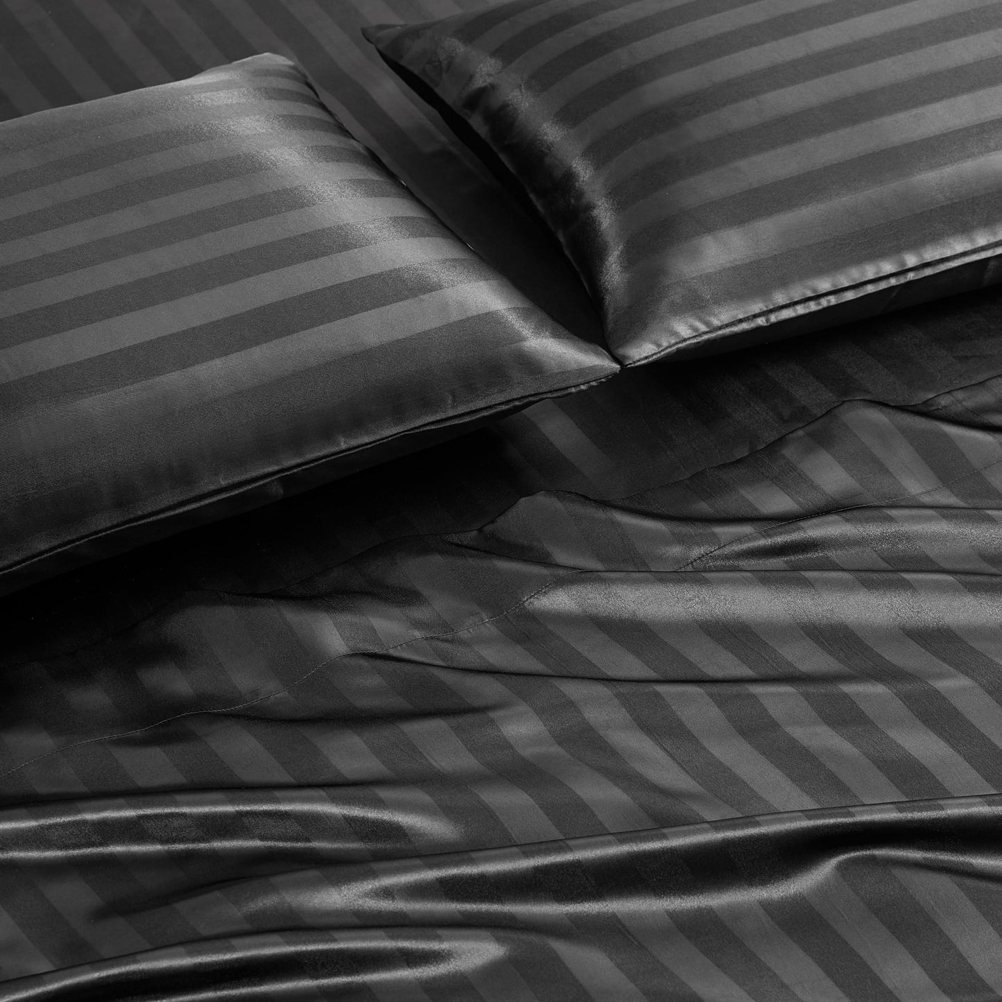 Juicy Couture Silky Satin Damask Sheet Set - Luxury Black Bedding - Smooth Striped Sheets - Full Size