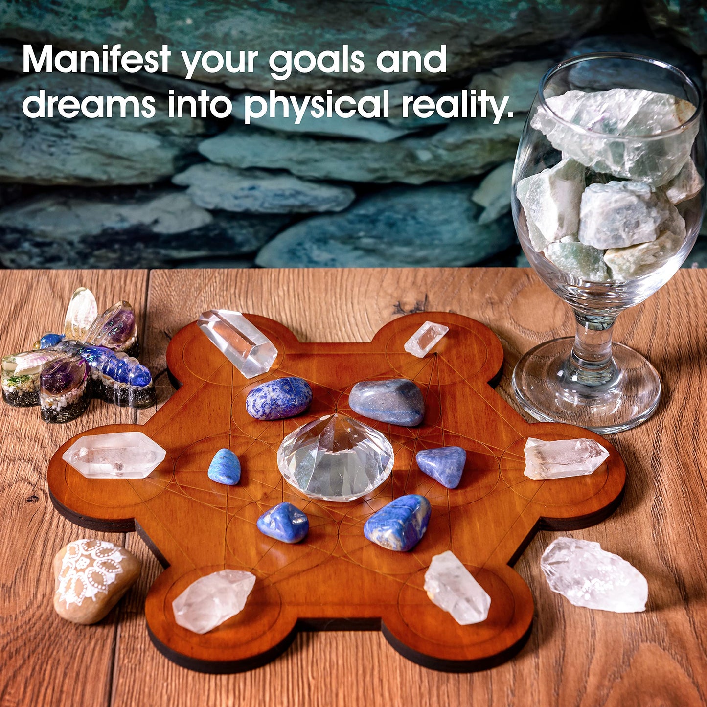 Curawood Crystal Grid Board for Stones - 10" Diameter Metatron's Cube Sacred Geometry Board - Amplify the Power of Your Crystals - Chakra Grid Plate, Altar Decor - Cubo de Metatron