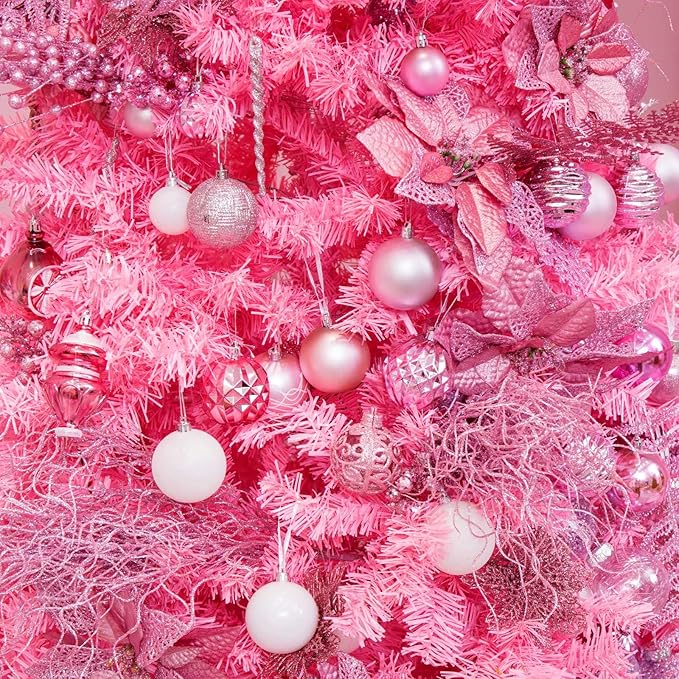 SY CRAFT 86 Pieces of Assorted Shatterproof Christmas Ball Snowflake Ornaments Seasonal Decorative Hanging Ornament Set with Hand-held Gift Package for Xmas Tree Decorations (86PCS, Pink)