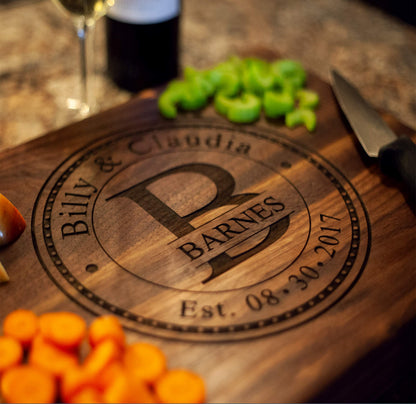 Custom Cutting Board – Personalized Wedding Gift & Bridal Shower Gift with Names & Date – Handmade in USA, (Wood Coasters, Display Stand & Gift Wrap options) – Keepsake Gift Idea for Couples