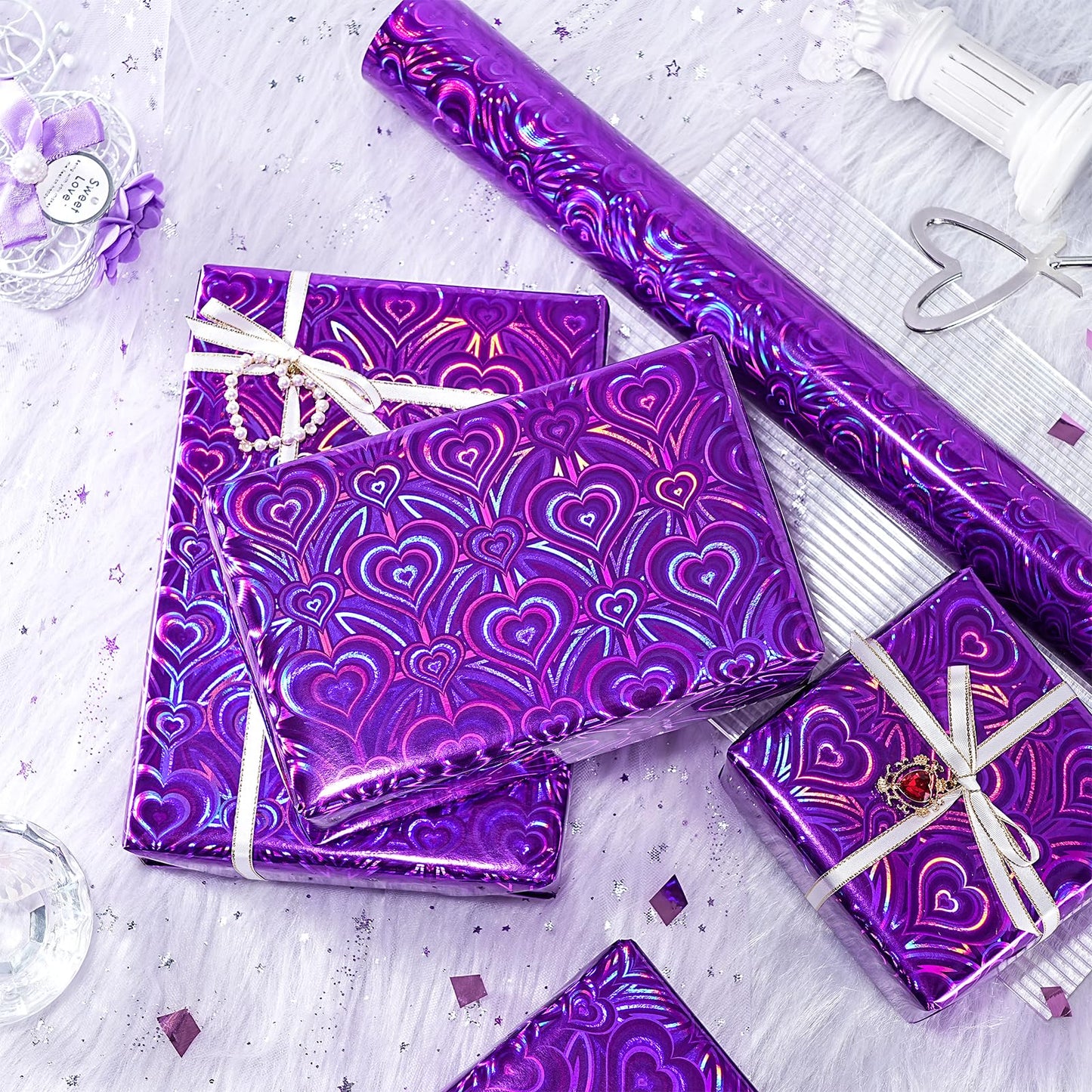 LeZakaa Purple Holographic Wrapping Paper, Metallic Foil Purple Heart for Helloween, Mothers Day, Graduation, Birthday, Valentines, Wedding, Baby Shower, Christmas, Mini Roll, 17 IN x 32.8 FT