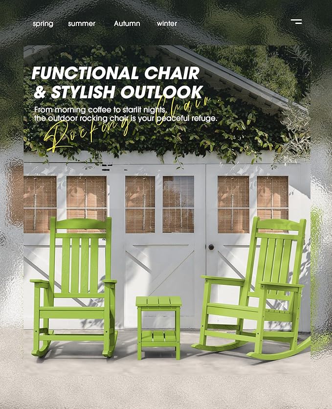 KINGYES HDPE Rocking Chairs Outdoor, Patio Rocking Chairs with 330lbs Support, Smooth Porch Rocker for Deck Lawn Yard, Pistachio Green