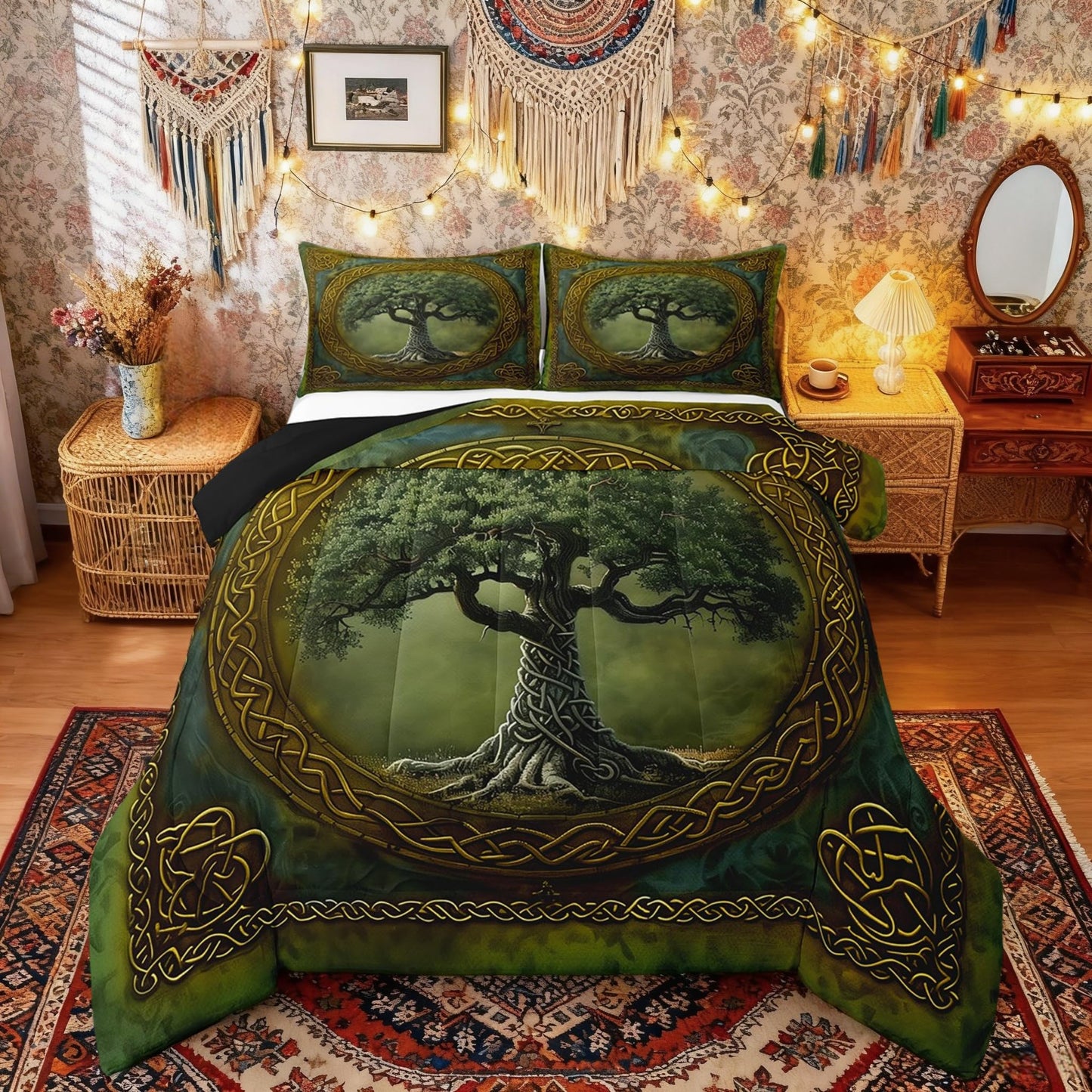 Manfei Tree of Life Comforter Set,Mystic Tree Boho Exotic Style Green Bedding Set for Teens Adults Room,Tribal Golden Branches Geometric Circle Grid Quilt Set 3 Pcs with 2 Pillowcases,Queen