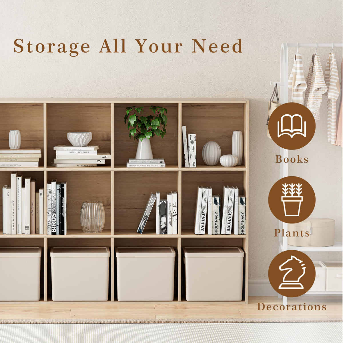 VDNEND Wooden Cube Storage Organizer with Closed Back Panel, 11in Cube Shelf Opening, Bookshelf, Display Shelf,Closet Cabinet for Home and Office (White Oak, 12-Cube 35.98L*9.45W*47.72H)
