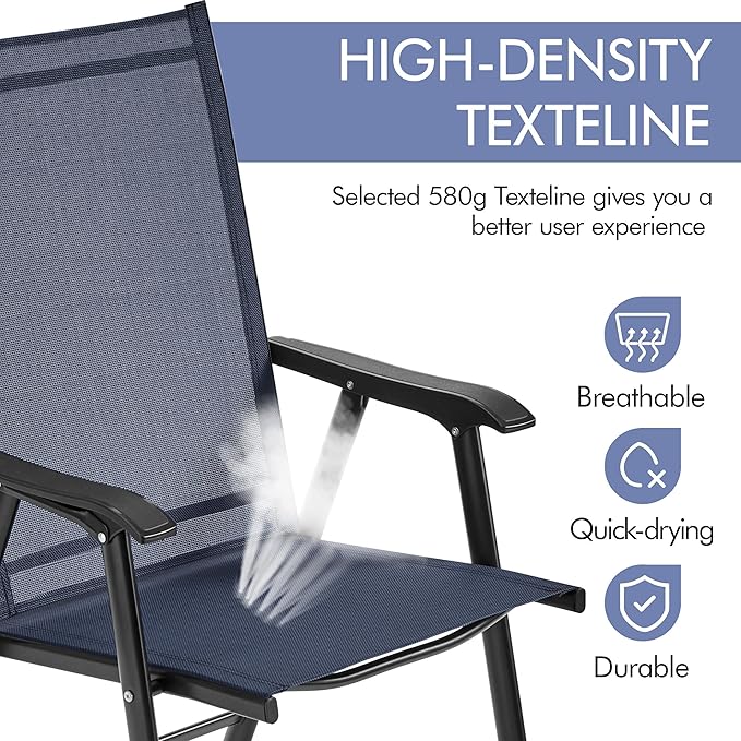 Yaheetech Patio Dining Chairs Set of 2, Portable Dining Chairs with Armrests for Camping, Lawn and Beach, Folding Patio Chairs 2-Pack of Metal Frame, Navy Blue