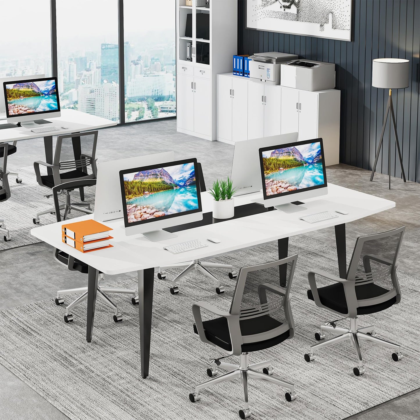 Tribesigns 6FT Conference Table, 70.86L x 35.43W x 29.52H Inches Boat Shaped Meeting Table, Modern Seminar Table for Office Meeting Conference Room (6ft, White & Black)