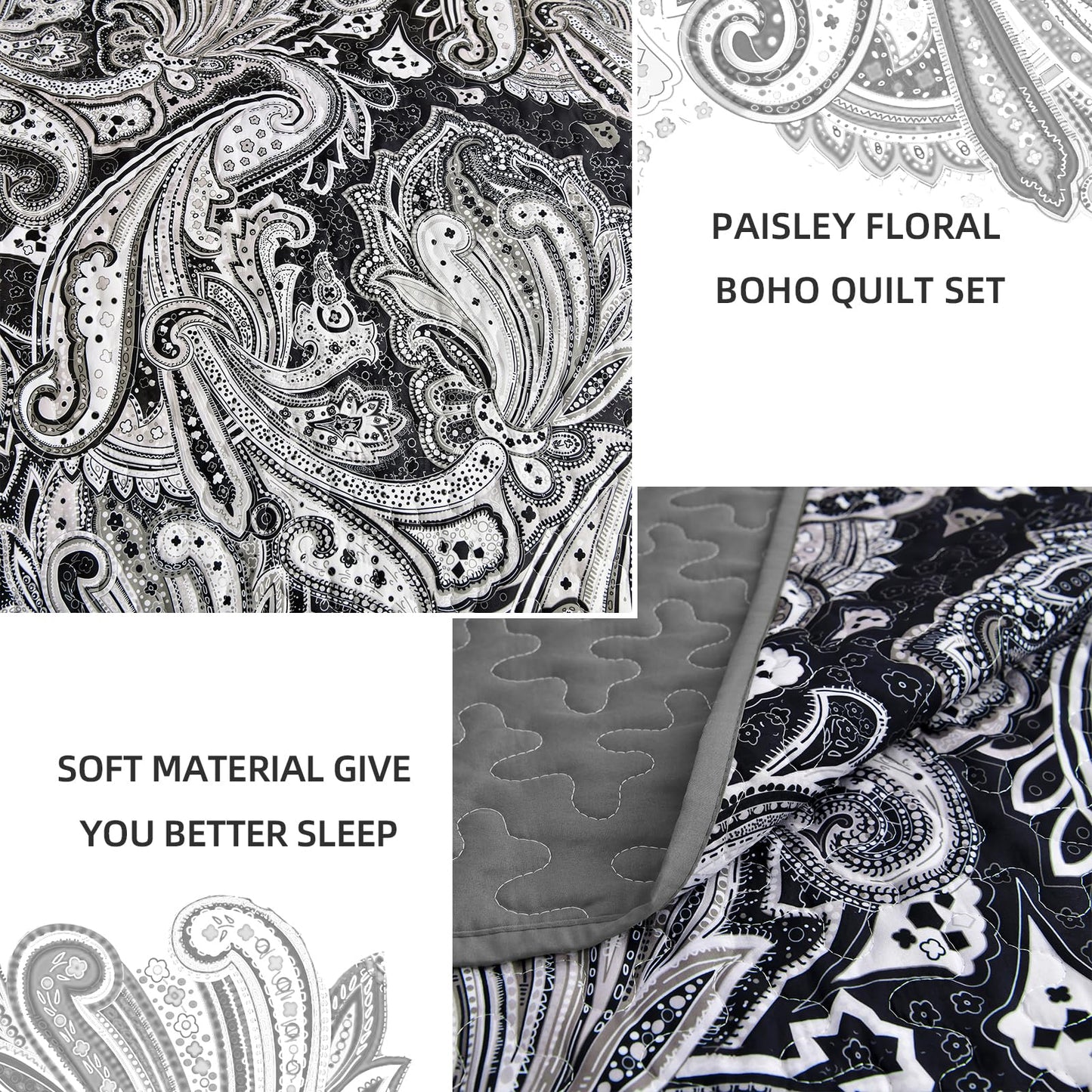 DJY Black Paisley Quilt Set Full Size Boho Bedspread Coverlet Set 3 Pieces, Soft Lightweight Black and Gray Paisley Floral Pattern Bedding for All Season, 90''x80''