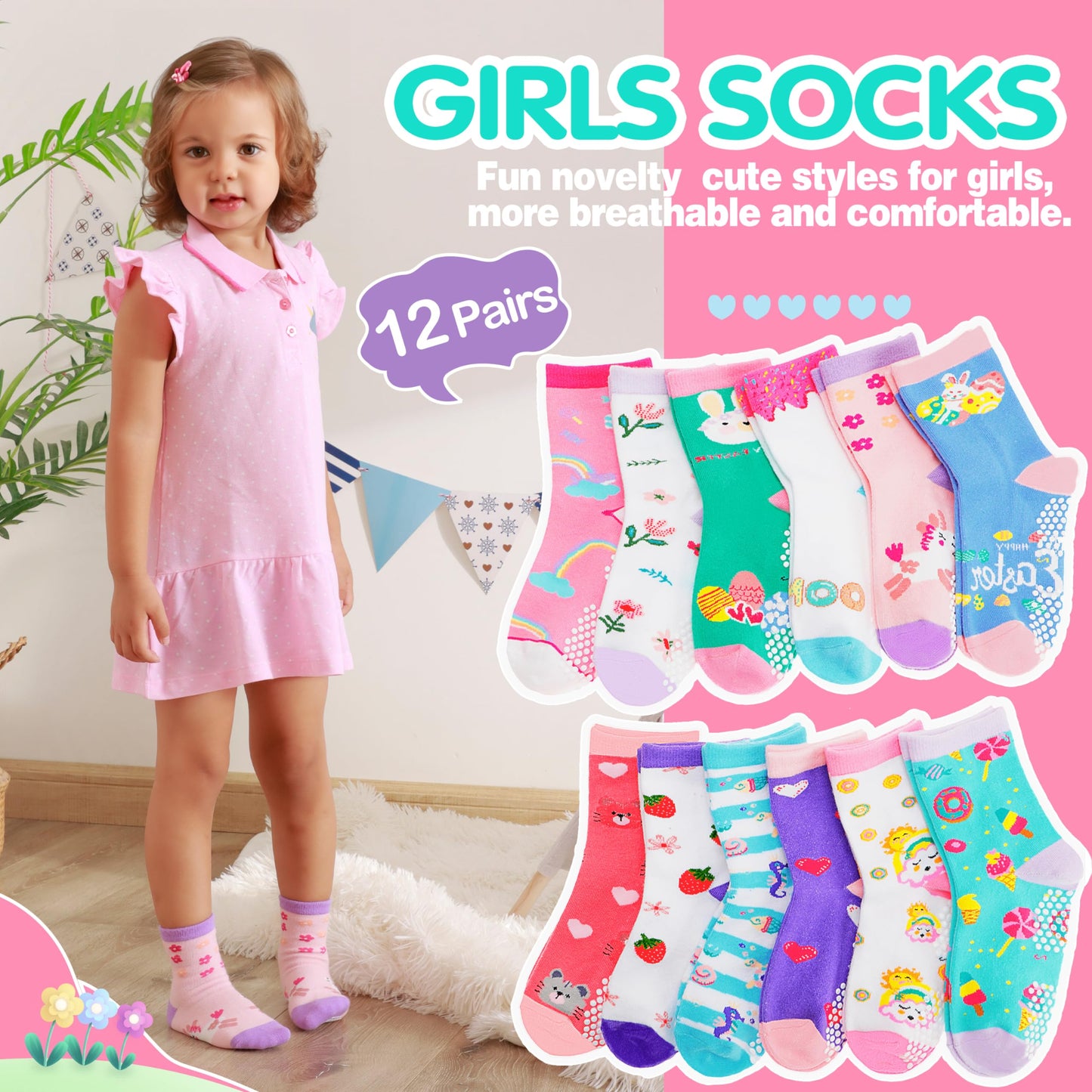 Welwoos Baby Girls Toddlers Grips Socks Non Slip Anti Skid Funny Animal Cartoon Cosy Crew Cotton Gifts Socks 12 Pairs Stocking Fillers(Colorful Flowers,3-5 T)