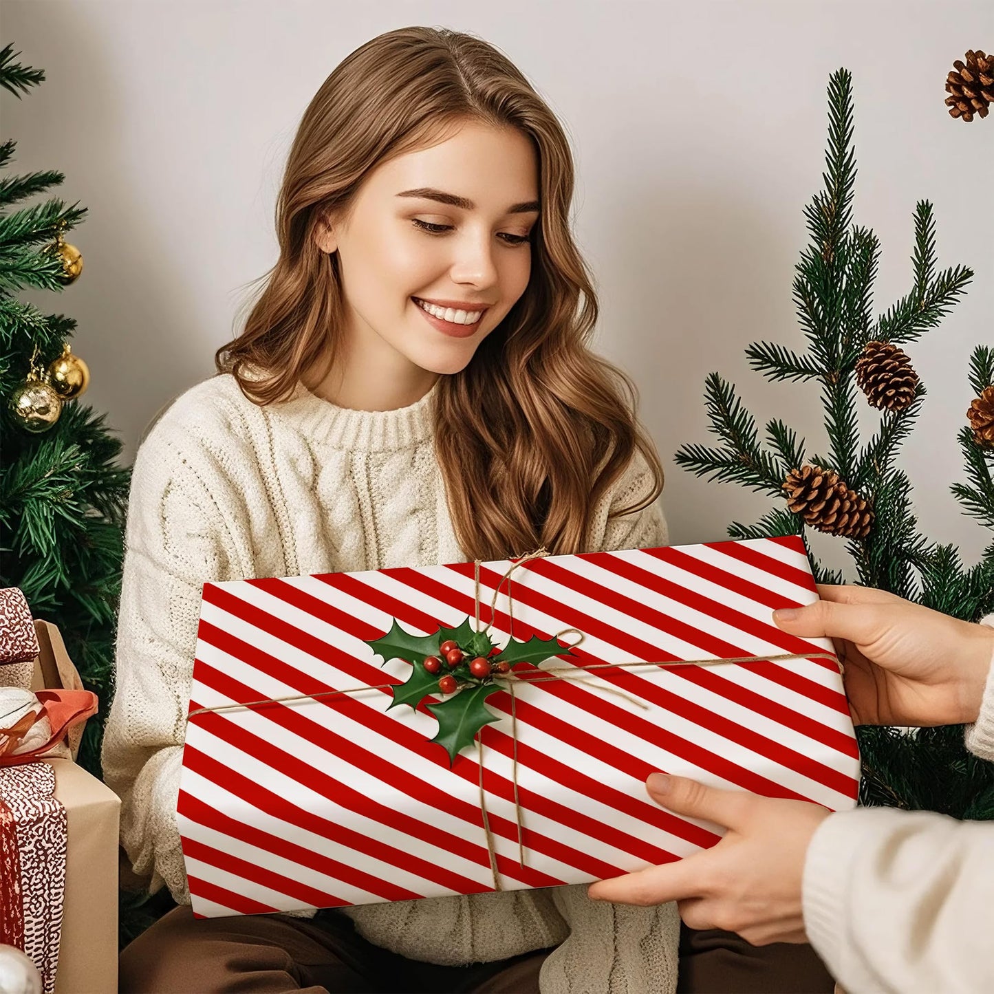 WRAPAHOLIC Reversible Wrapping Paper - Mini Roll - 17 Inch x 33 Feet - Red and Stripes Design for Christmas, Birthday, Holiday, Wedding, Baby Shower