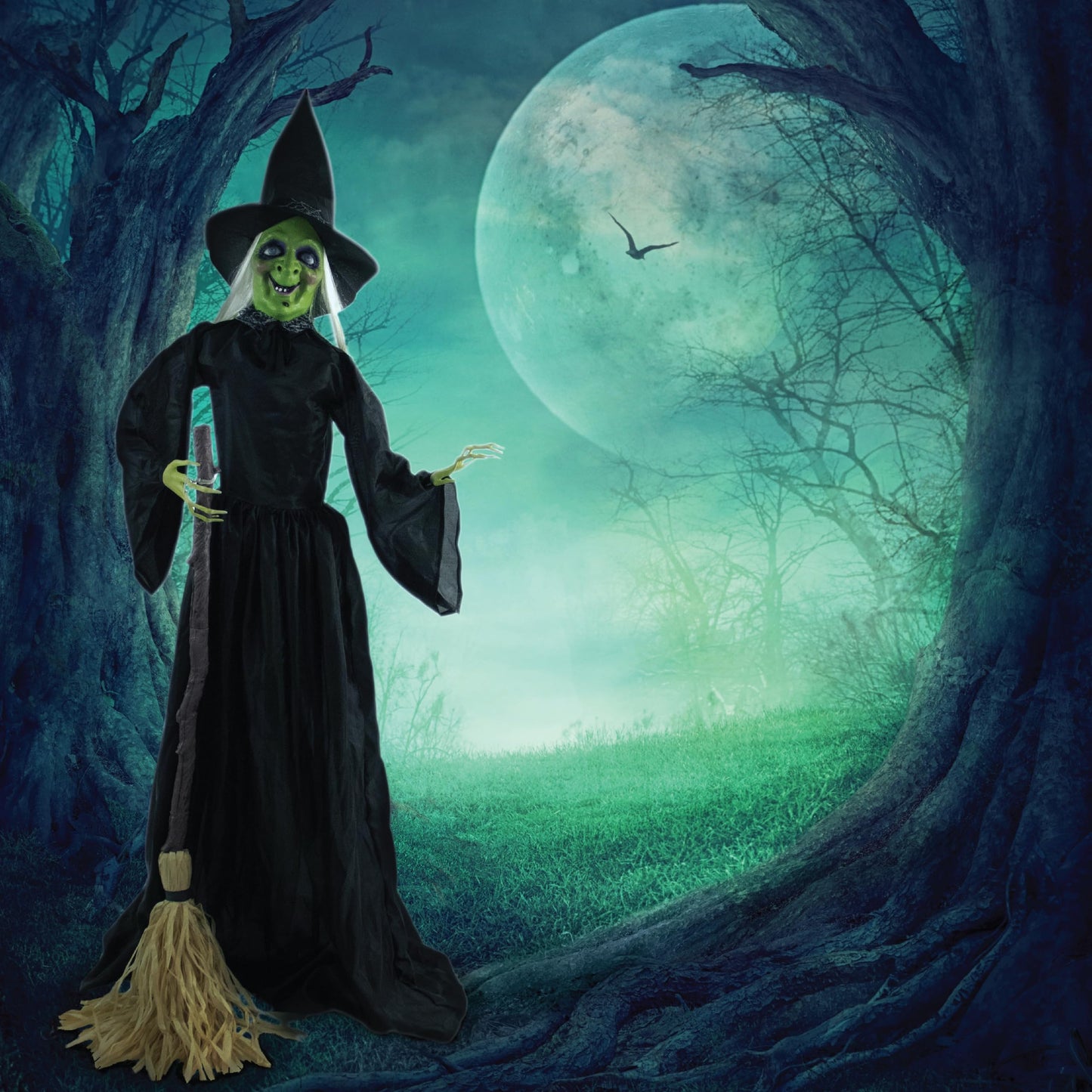 Haunted Hill Farm 71-in. Witch with Broomstick Animatronic, Indoor/Outdoor Halloween Decor, Poseable & Talking Animated Halloween Prop, Battery Operated
