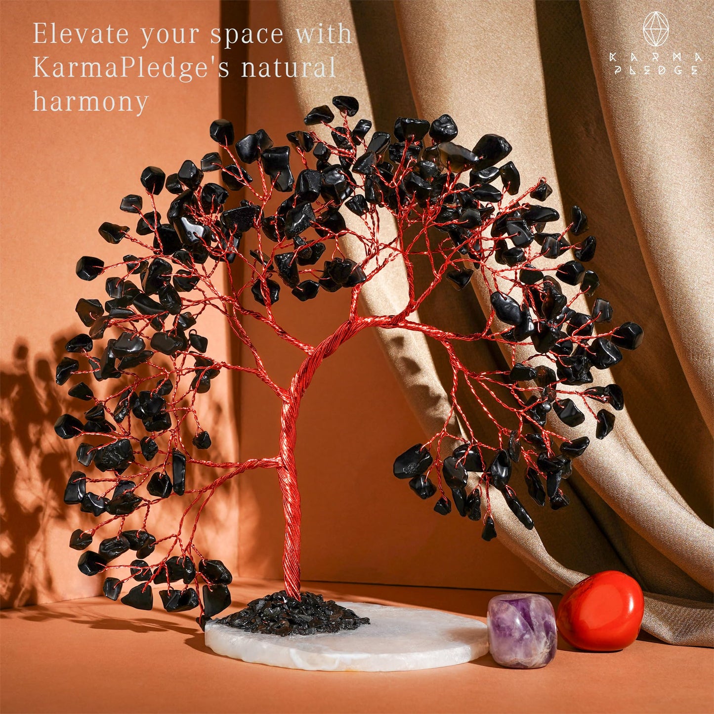 KARMAPLEDGE Crystal Tree of Life for Home, Office, Room, Wall Decor to Bring Money & Good Luck, Handmade Black Obsidian Healing Chakra Tree Unique Birthday Gifts for Women, Men, Mom & Dad