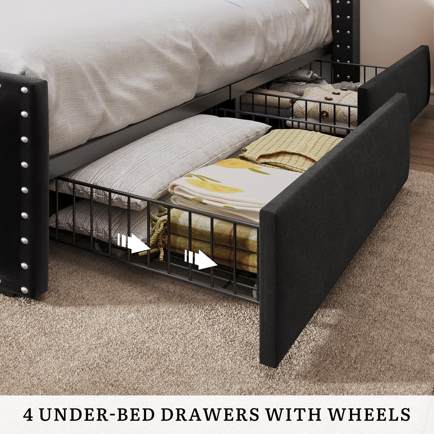 DWVO King Size Bed Frame with 4 Storage Drawers and RGB LED Lights, Velvet Upholstered Platform Bed with Charging Station and Bookcase Storage Headboard, No Box Spring Needed, Easy Assembly, Black