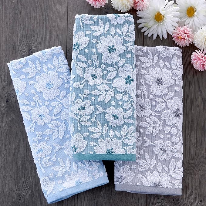 SKL Home Floral Jacquard 100% Cotton 2pc Hand Towel Set, Reversible & Decorative