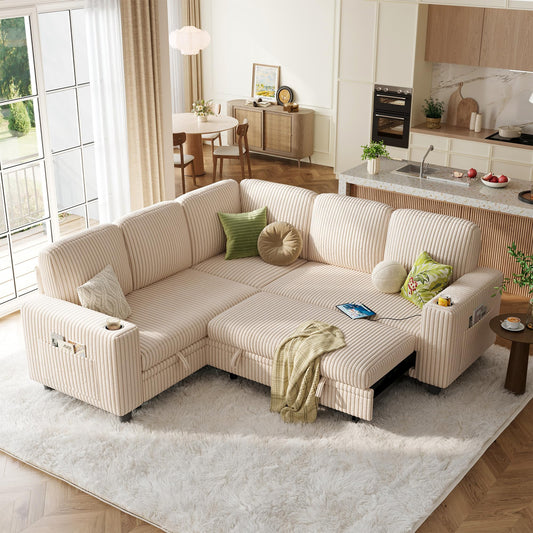 LINSY HOME Sectional Sofa with Pull Out Bed, 5 Seats Corduroy Reversible Sleeper Sofa with Storage Seats, USB Ports, Cup Holders, Side Pocket, Sectional Couches for Living Room