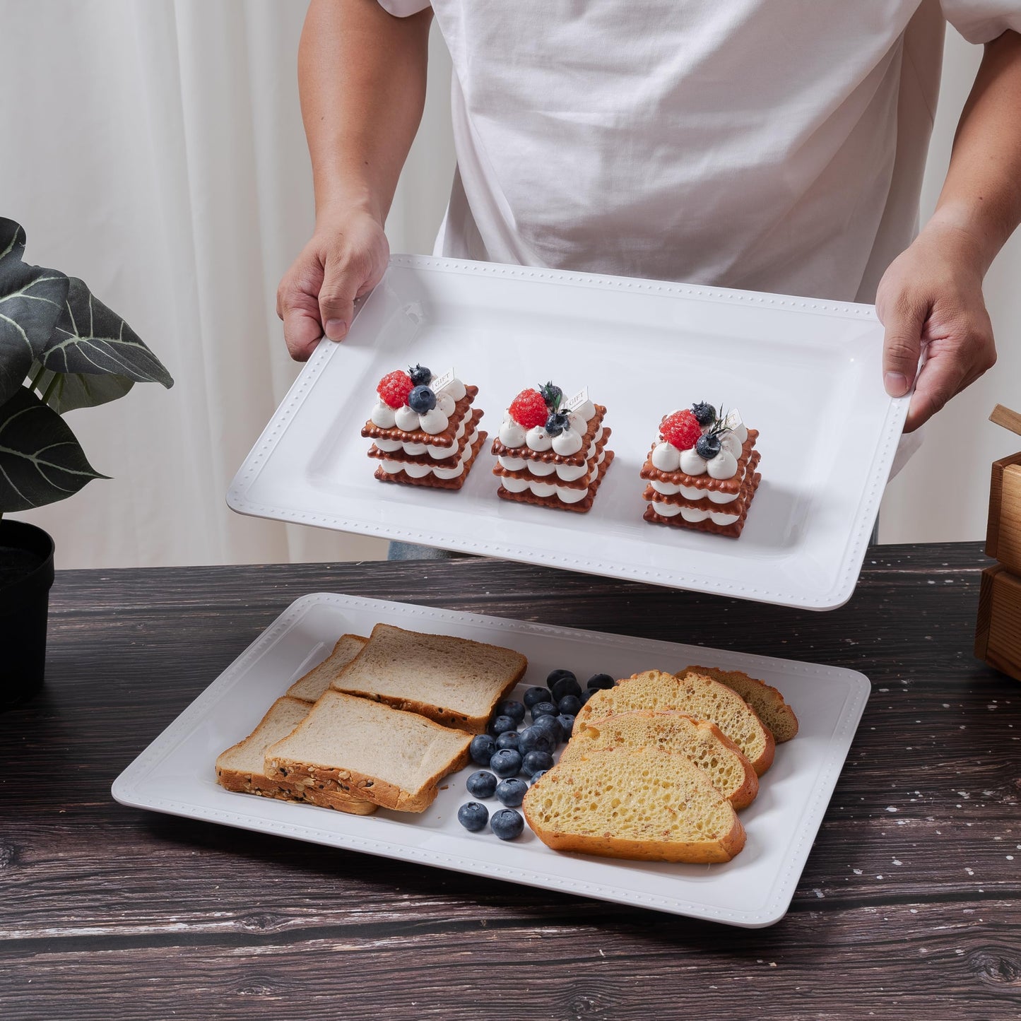 ZAROCRUS Melamine Beaded Serving Platters for Appetizer, Veggie, Charcuterie,Dessert, Set of 4, White Serving Trays for Party & Entertaining, Large Unbreakable Rectangular Party Platters, Dishes