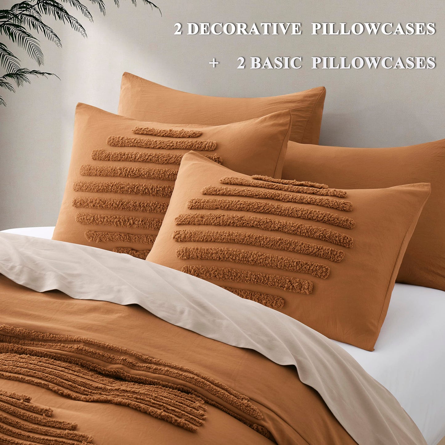 BEDAZZLED Queen Size Duvet Cover, 5 Pieces Pumpkin Brown Textured Duvet Cover Sets, Soft and Breathable Boho Tufted Bedding Comforter Cover Set for Gifts, Comforter Not Included (Pumpkin Brown, Queen)