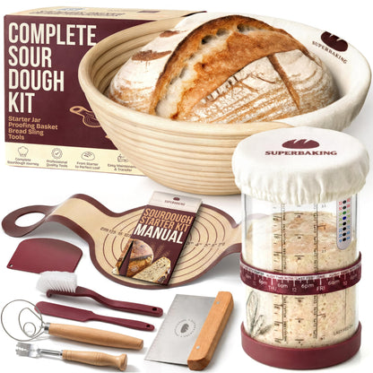 Superbaking Sourdough Starter Kit, 9" Splinter-Free Banneton Bread Proofing Basket Set with Non-Stick Silicone Dough Sling & Glass Starter Jar Kit, Sourdough Bread Baking Supplies, Sourdough Tools