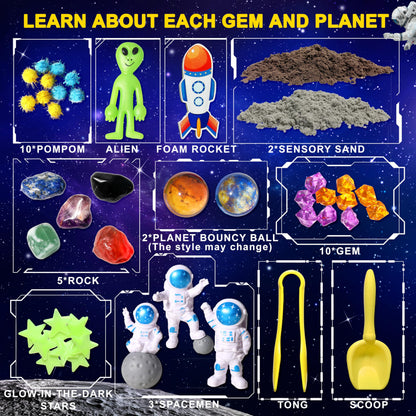 Galaxy Sensory bin, Gemstone Dig Kit,Galaxy Excavation Gem Kit with 5 Real Gemstones for Kids,Space Planet Toys STEM Science Kits,Alien Sandbox Play Set for Girls Boys 3 4 5 6 Years Old