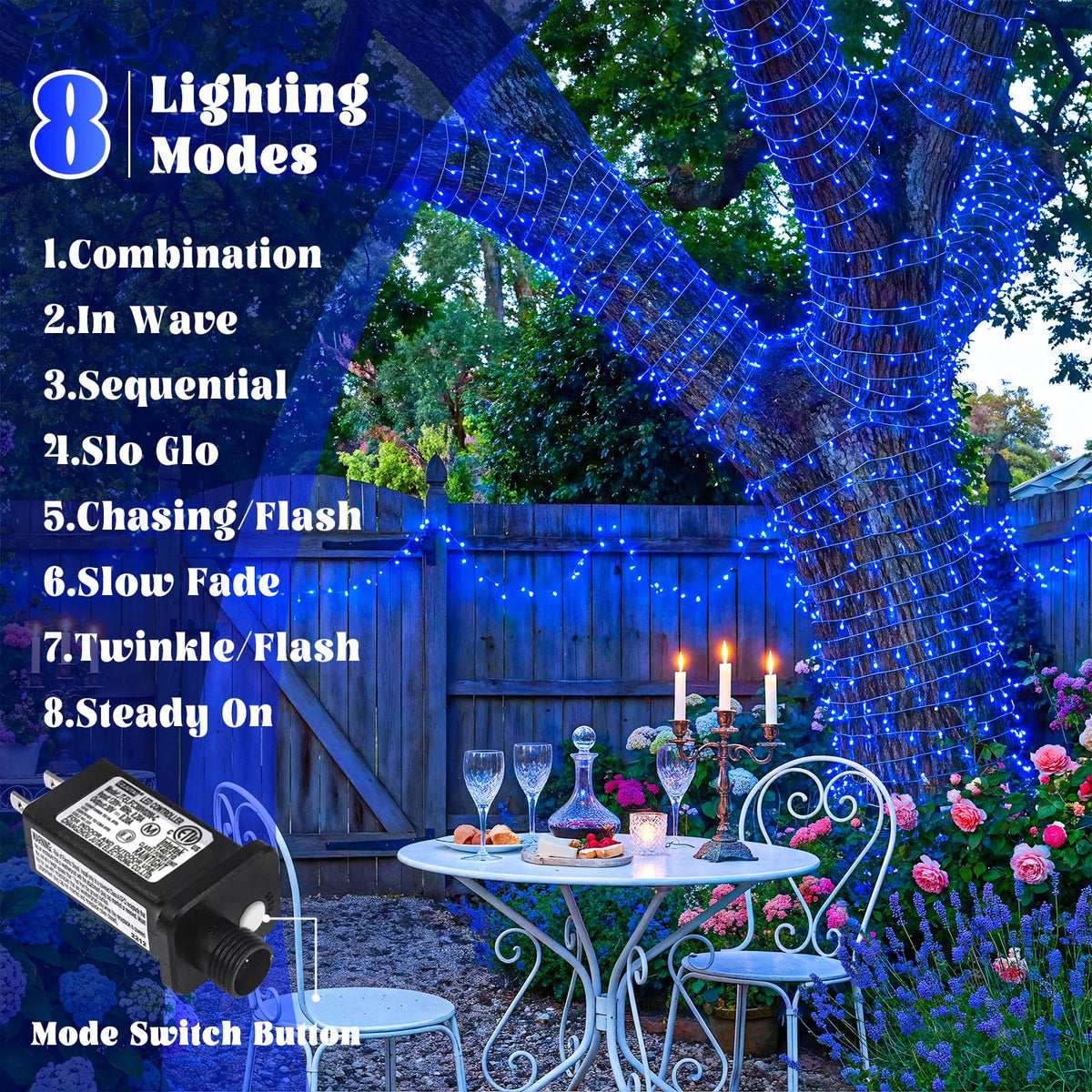 Nielfoi 100FT 300 LED Outdoor String Lights, Plug in Connectable Christmas Lights Indoor, Waterproof 8 Modes String Lights for Outside House Room Wedding Patio Garden Holiady Decorations, Blue
