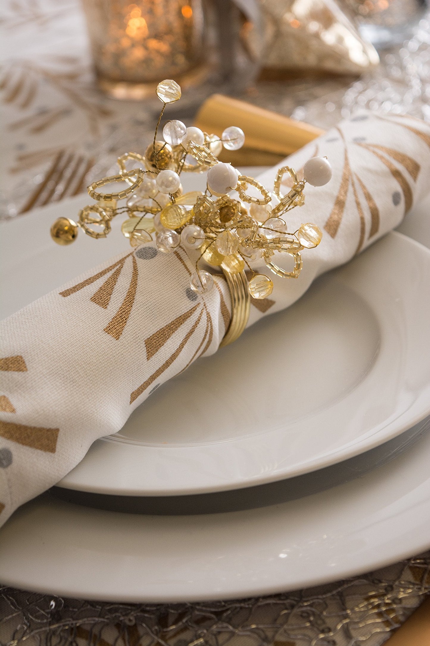 DII Christmas Thanksgiving Holiday Tabletop Décor Collection Decorative Napkin Ring Holder Set, 4" Diameter, Gold Beaded Cluster, 6 Piece