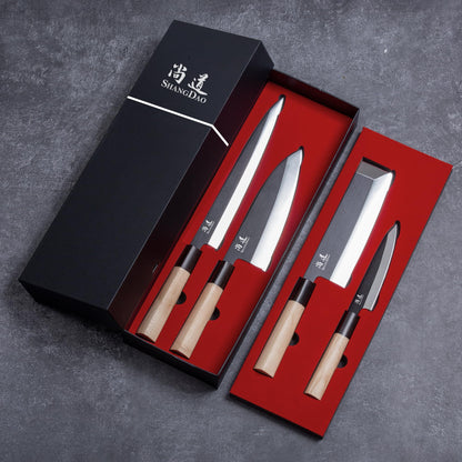 SHANGDAO Japanese Kitchen Chef Set Of 4 Knives Set Sushi Knife Set, Nakiri-Yanagiba-Deba-Utility Kitchen Knife,Fish Slicing Filleting Knife Sets, German Steel