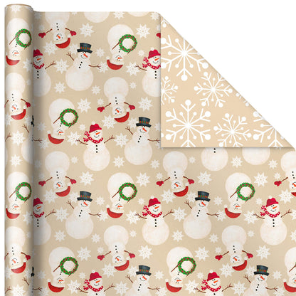 Hallmark Reversible Christmas Wrapping Paper (3 Rolls: 120 sq. ft. ttl) Merry Holidays, Snowflakes, Snowmen, Red Stripes