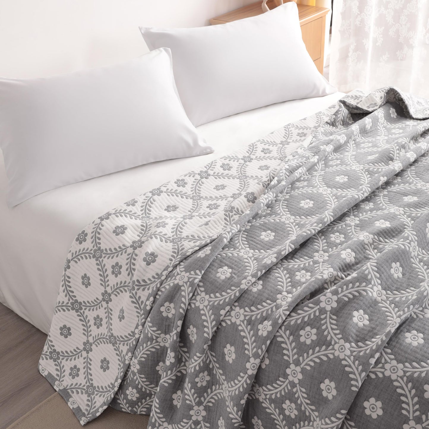 NTBAY 3 Layers Cotton Muslin 106x92 King Bed Blanket, Super Soft Breathable Thermal Yarn Dyed Quilt for Adults, Perfect Lightweight Blanket for Couch Sofa Bed All Seasons, Grey Garlands