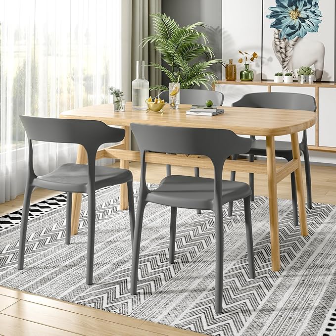 VECELO 4 Pack Plastic Stacking Chairs, Stackable Dining Chairs for Kitchen Restaurant Patio, Portable Indoor Outdoor Use, No Assembly Required, Gray