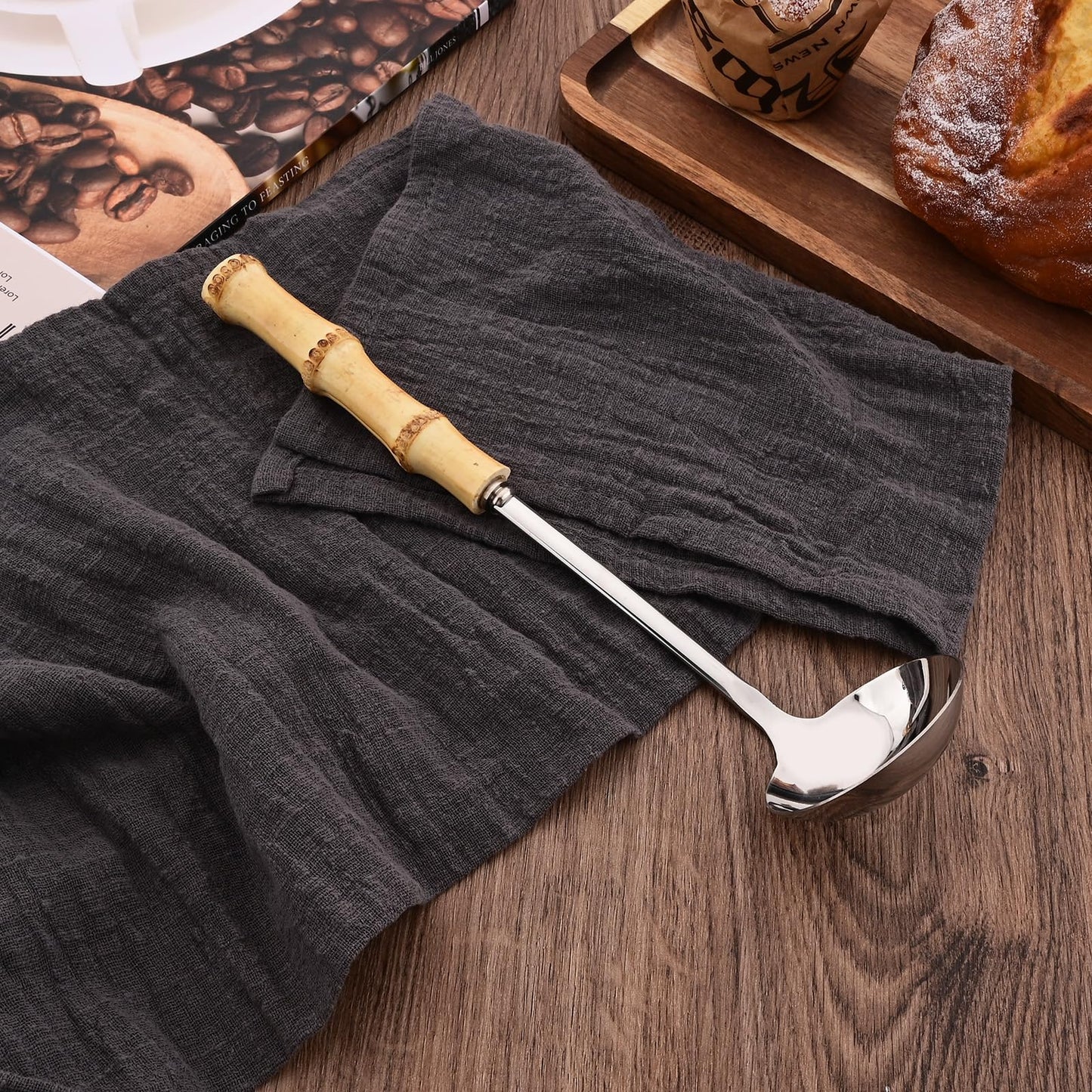 Uniturcky Soup Ladle and Slotted Spoon Set, 304 Stainless Steel Serving Utensils with Natural Bamboo Handle, Soup Spoons For Serving Gravy Hot Pot Or Restaurant, 10.2 Inch, 4 PCS / 2 of Each
