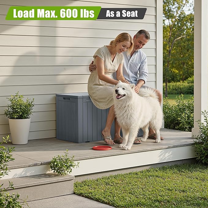 Flamaker Resin Deck Box 100 Gallon Large Lockable Outdoor Storage Box Waterproof for Patio Cushions, Tools, Pool Accessories (Gray)