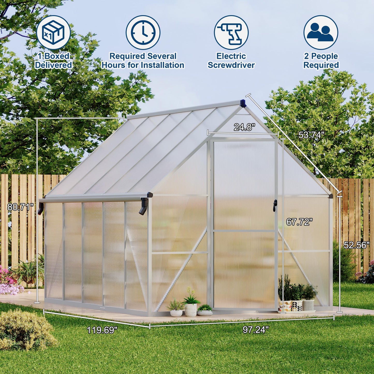 GarveeLife 8X10FT Polycarbonate Greenhouse with Aluminum Frame, Polycarbonate Greenhouse for Outdoors, Greenhouses with Ventilation and Rain Gutter, Aluminum Large Walk-in Greenhouses for Outside