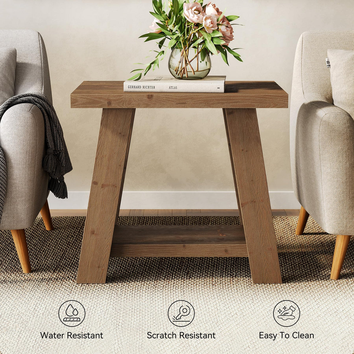 LITTLE TREE Solid Wood End Table, Small Side Table with 2-Tier Storage Shelf for Living Room, Rectangular Side Table for Couch, Bedside Table for Bedroom, Easy Assembly