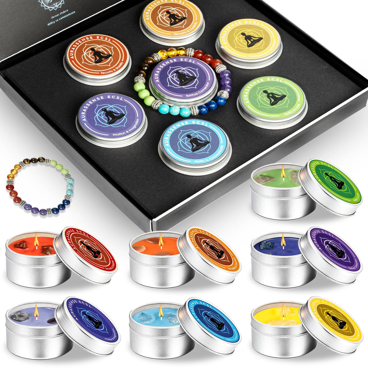 Seven Chakra Candles Luxury Gift Set with Healing Crystals & Bracelet – Hand-Poured Scented Candles for Meditation, Stress Relief, and Positive Energy | Perfect for Yoga, Reiki & Aromatherapy