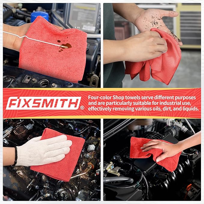 FIXSMITH Microfiber Cleaning Cloth, Shop Towels Bulk, 24 Pack Red Microfiber
