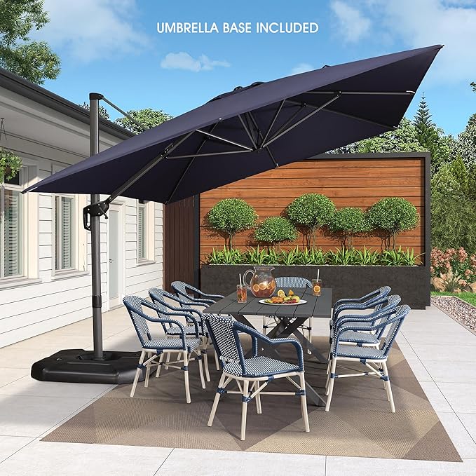 PURPLE LEAF 10' X 13' Patio Umbrella with Base Outdoor Cantilever Rectangle Offset Umbrella with 360-degree Rotation for Garden Deck Pool Patio Navy