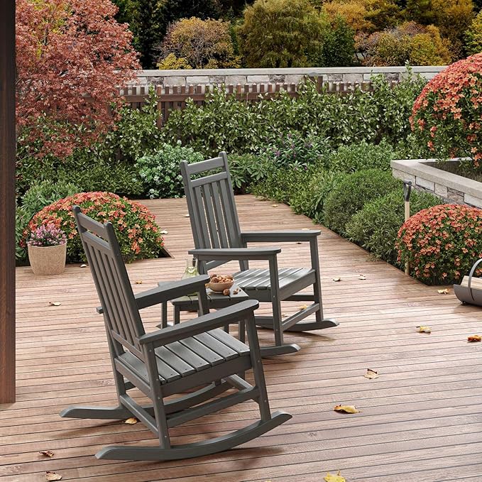 HDPE Rocking Chair Outdoor Set of 2 - Poly High Back Porch Rocker Chairs for Adults - All Weather Resistant Furniture for Patio Front Porch - Gray