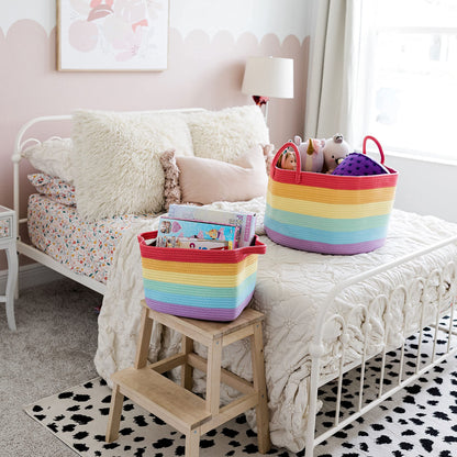 OrganiHaus Rainbow Blanket Basket for Classroom & Nursery, Extra Large Woven Laundry Basket w/Handles, Kids Toy Organizer & Storage, Soft Round Dog Toy Storage Bin, Cute Bin - 20"x13" in