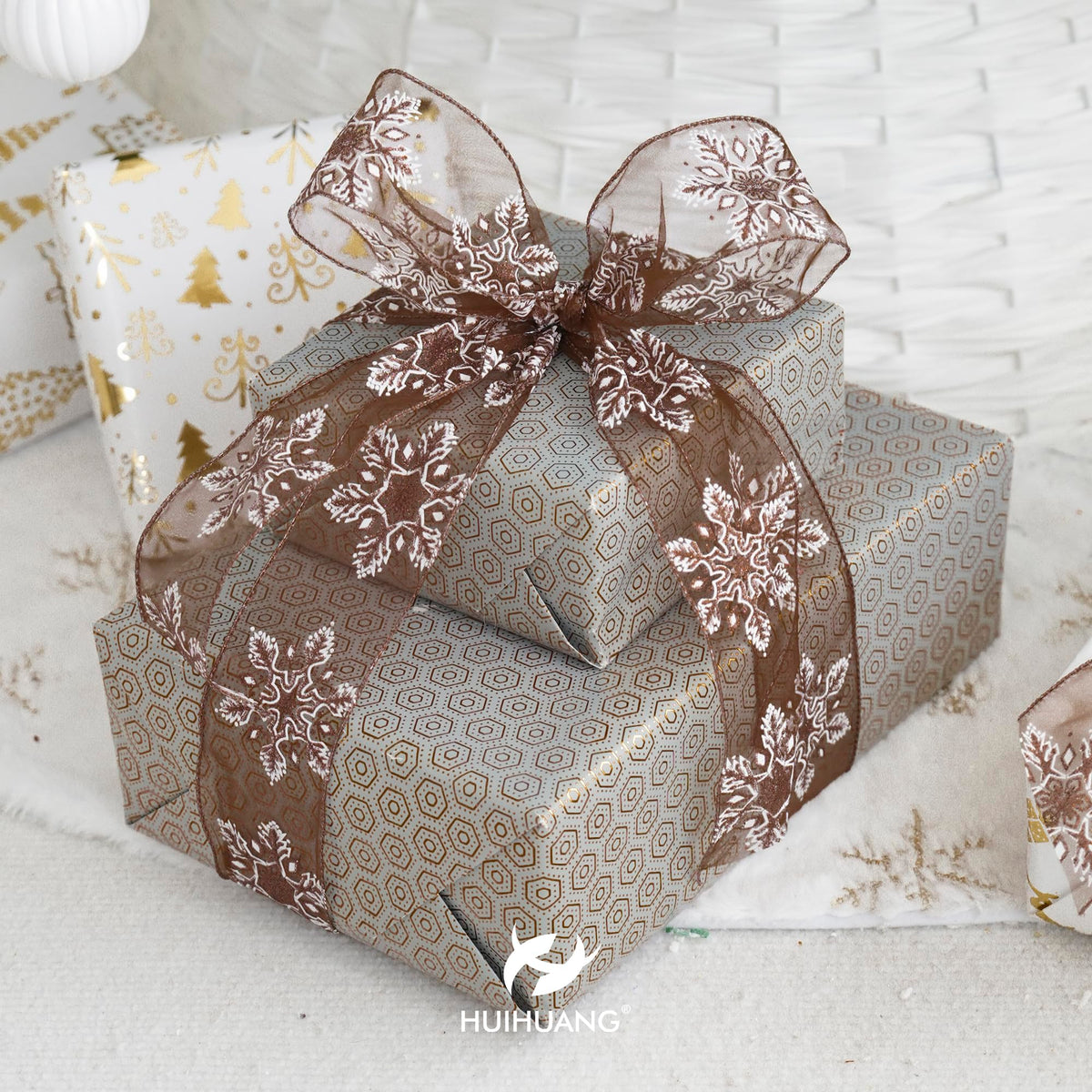 HUIHUANG Snowflake Sheer Wired Ribbon Brown Glitter Snowflakes Ribbon for Christmas Tree Decorations, Bows Making, Wreath, Gift Wrapping, Garlands, Fall Decor- Continuous 25 Yards